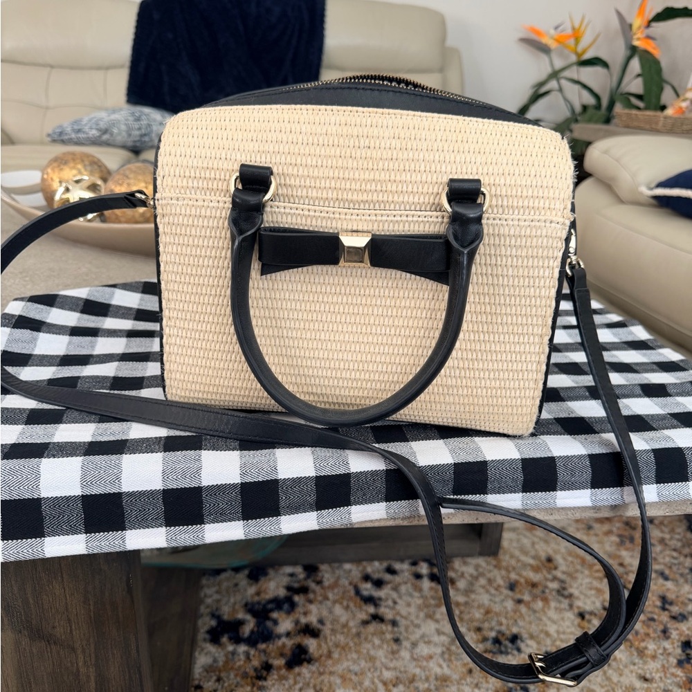 Structured Beige Straw Satchel with Black Trim and Bow